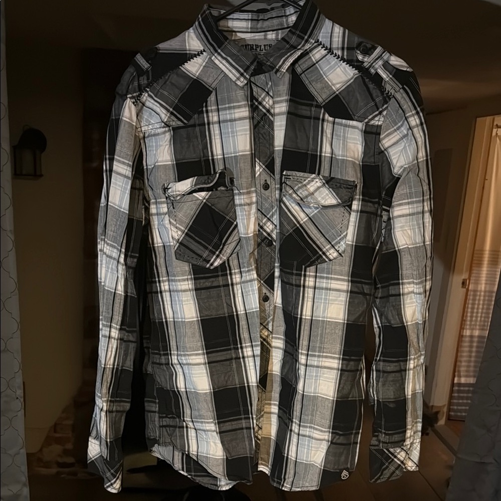 Men's Black and White Plaid Shirt